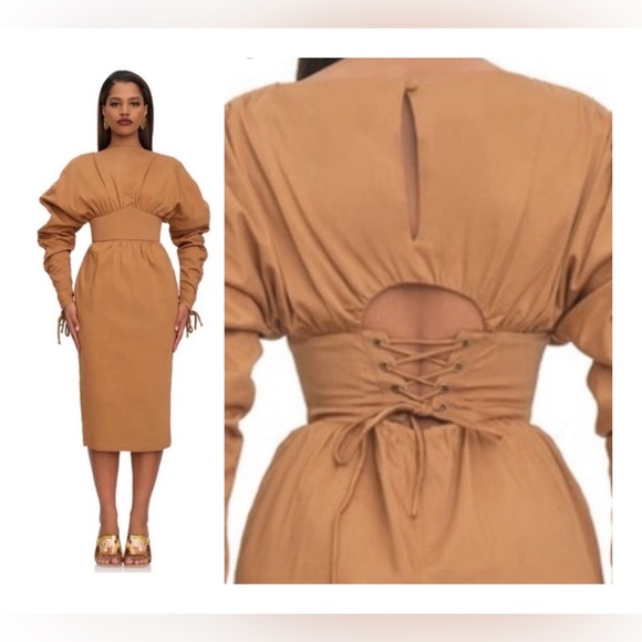 Andrea Iyamah Palla Dress Caramel Corset Midi NWT - Picture 3 of 12